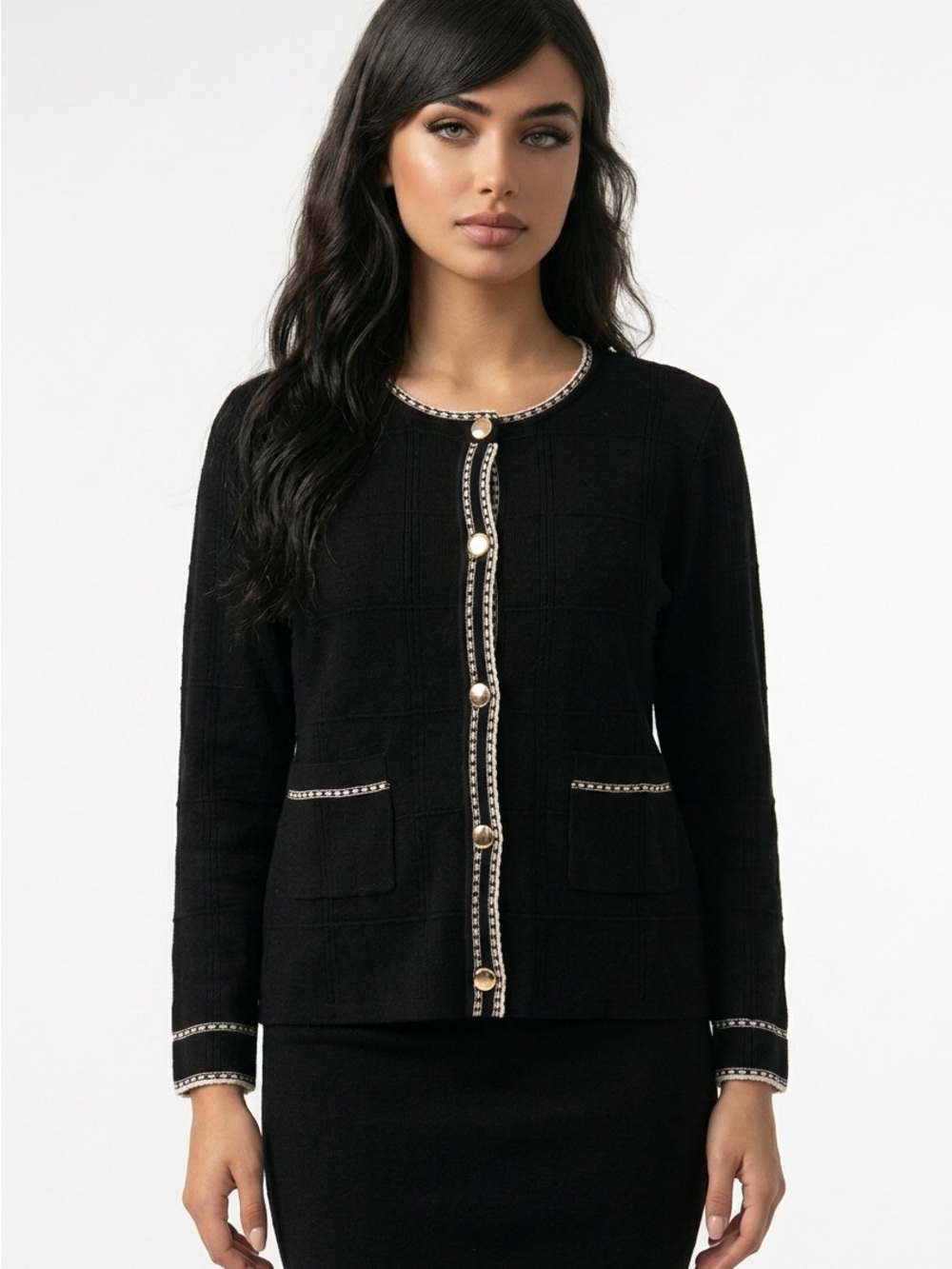 Adrianna Papell Black Knit Button-Front Cardigan with Gold Trim